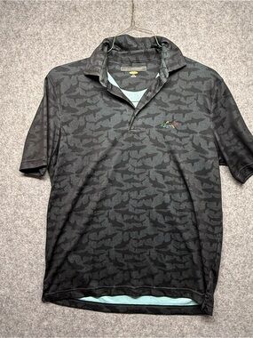 Greg Norman Collection Black Shark-Print Polo with Teal Accents